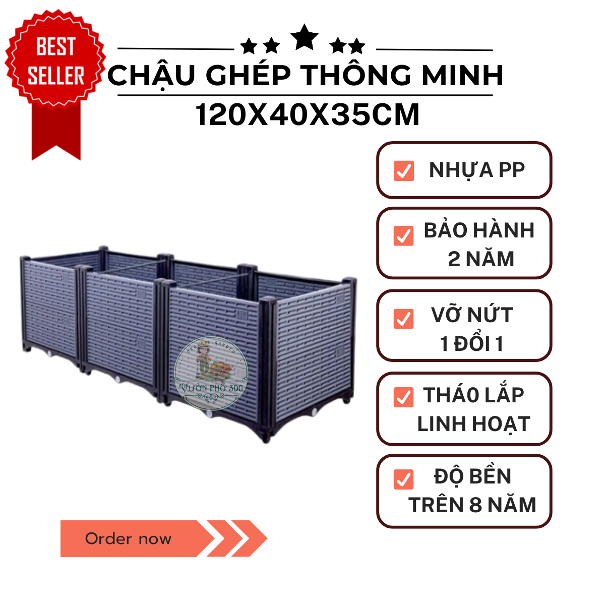 [MẪU MỚI] Chậu ghép thông minh Xám dài 1.2m (120x40x35cm) chậu trồng rau, chậu trồng cây Đẹp - Sạch